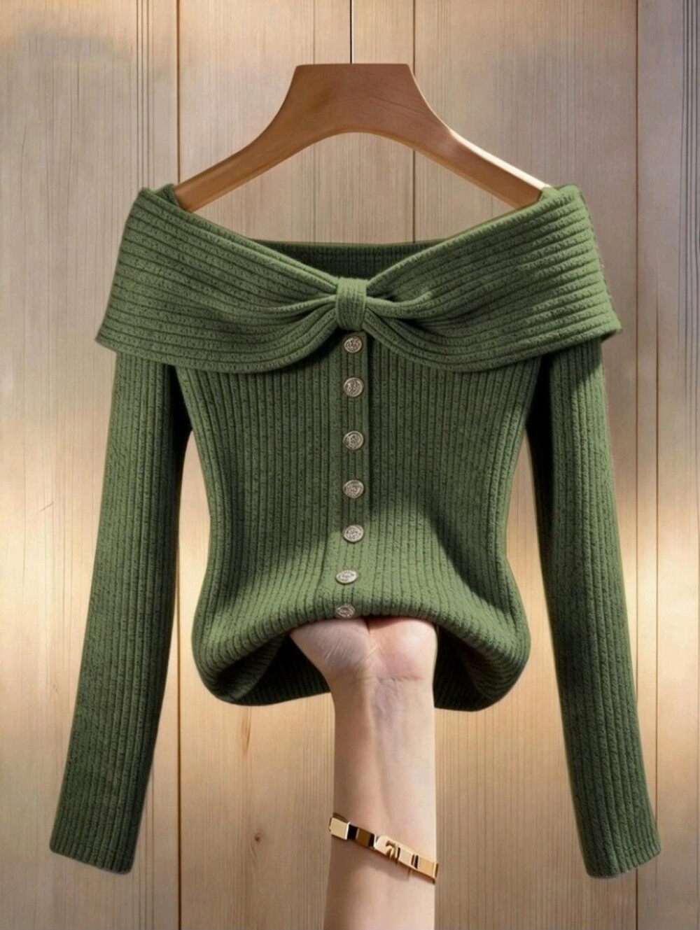 Women Olive Green,Fall Winter,Elegant,Party Knitted Elastic Fitted Ribbed